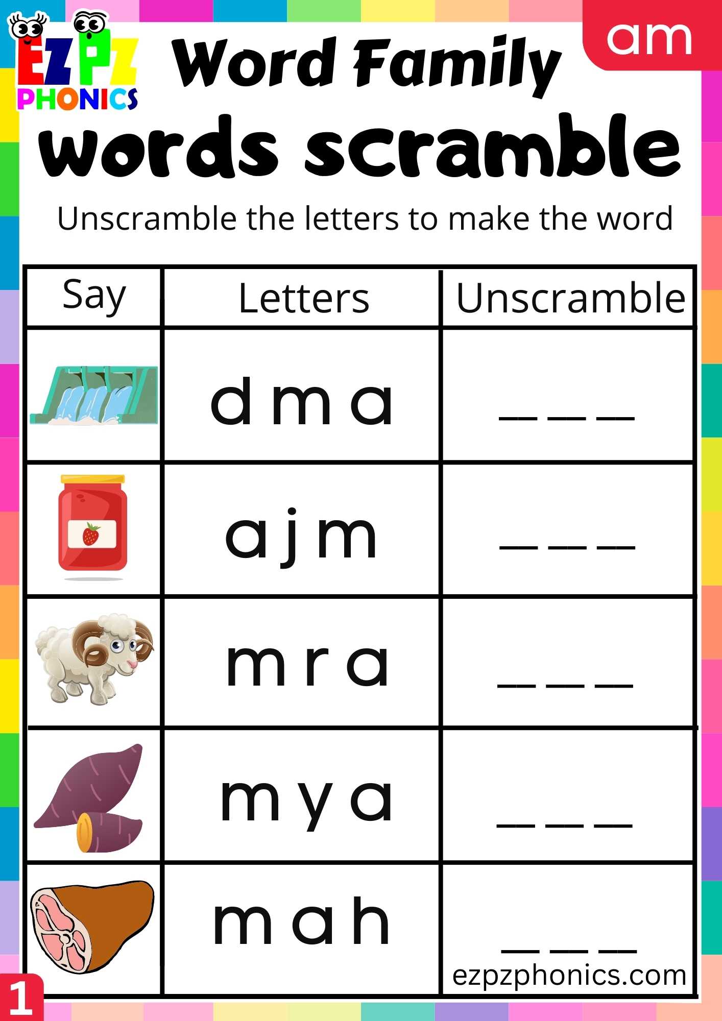 am words 3 letters worksheets